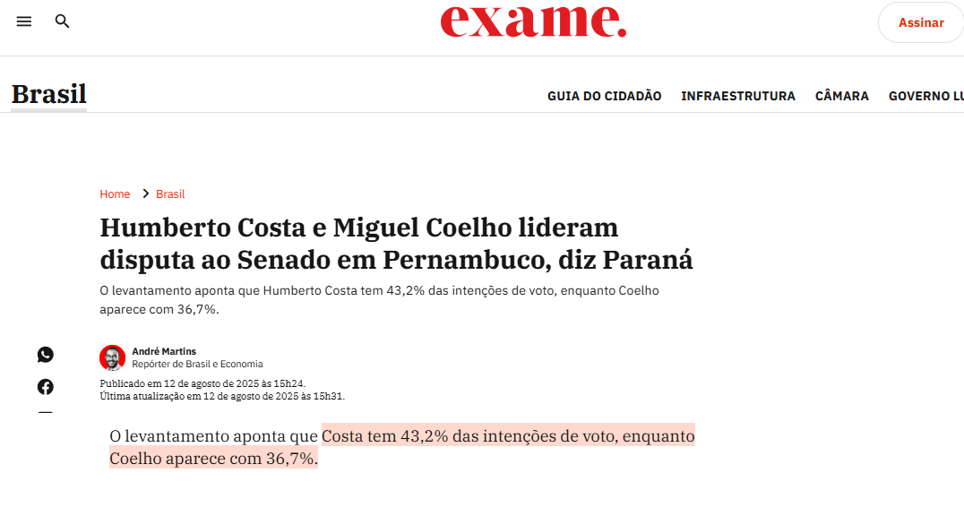 Exame cita pesquisa realizada pela Paraná Pesquisas no Estado de Pernambuco. 2 Exame cita pesquisa realizada pela Paraná Pesquisas no Estado de Pernambuco.