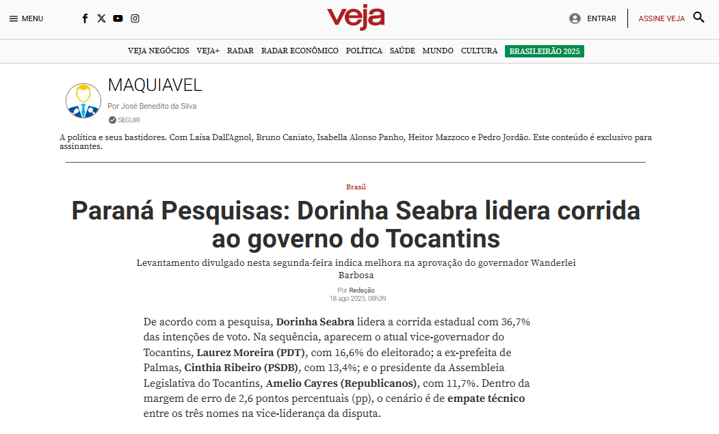 Veja cita pesquisa realizada pela Paraná Pesquisas no Estado do Tocantins.