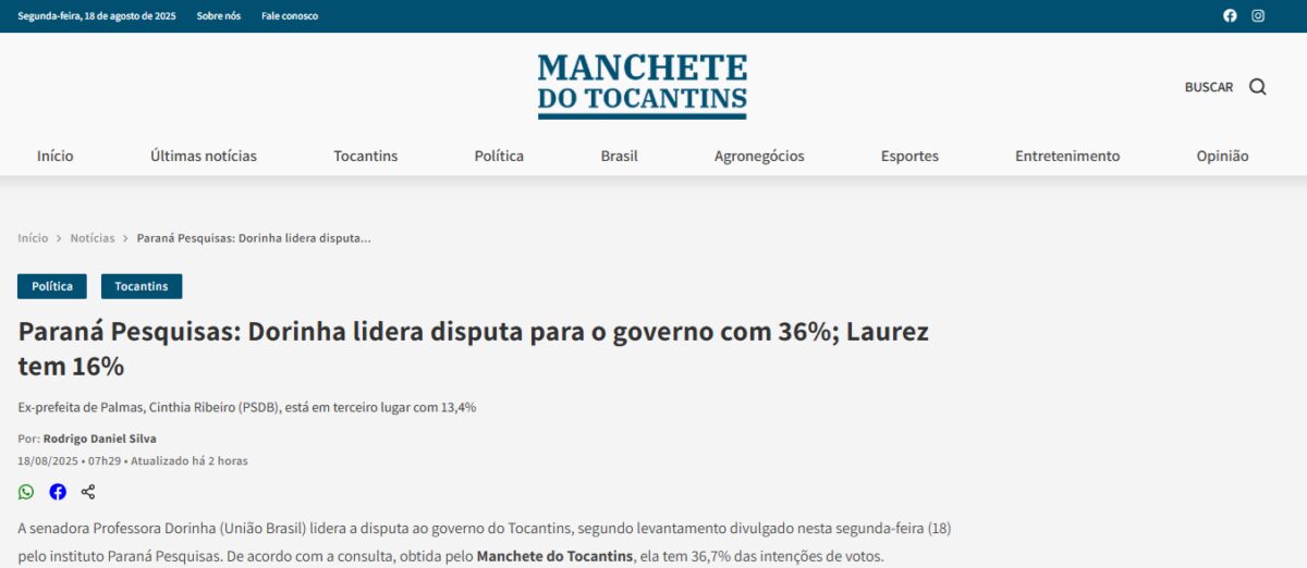 Manchete do Tocantins cita pesquisa realizada pela Paraná Pesquisas no Estado do Tocantins.