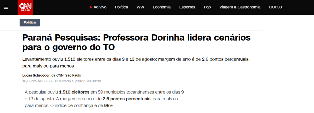 CNN Brasil cita pesquisa realizada pela Paraná Pesquisas no Estado do Tocantins.