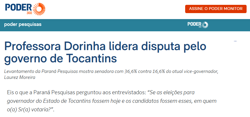 Poder 360 cita pesquisa realizada pela Paraná Pesquisas no Estado do Tocantins.