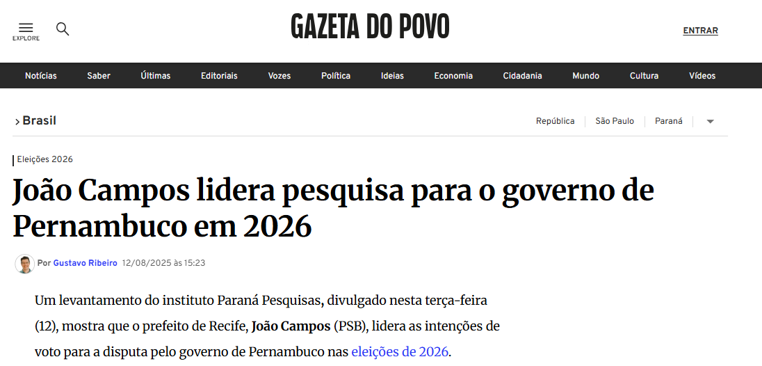 Gazeta do Povo cita pesquisa realizada pela Paraná Pesquisas no Estado de Pernambuco.