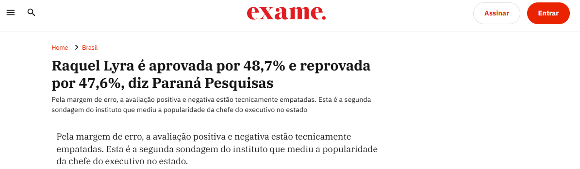Exame cita pesquisa realizada pela Paraná Pesquisas no Estado de Pernambuco.