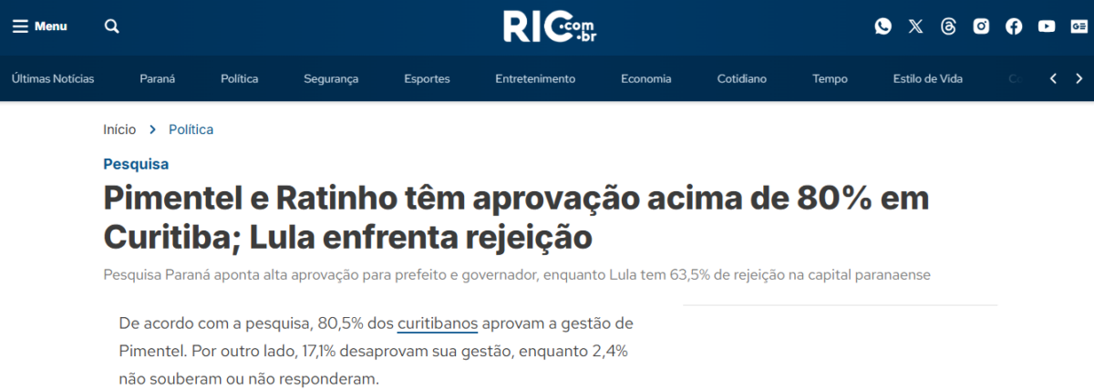 RIC cita pesquisa realizada pela Paraná Pesquisas no Município de Curitiba.