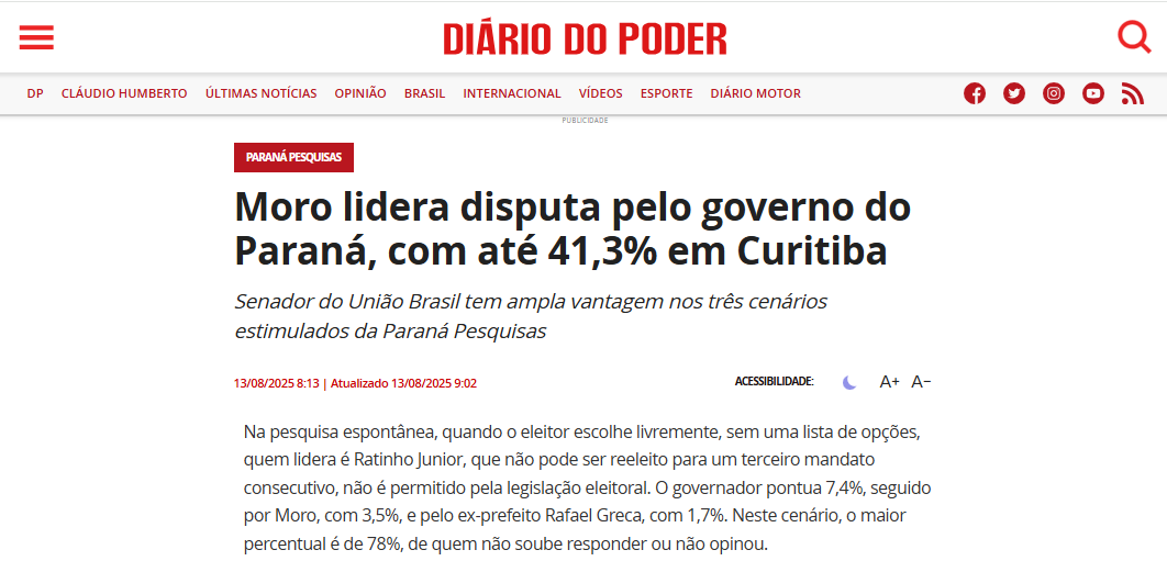 Diário do Poder cita pesquisa realizada pela Paraná Pesquisas no Município de Curitiba.