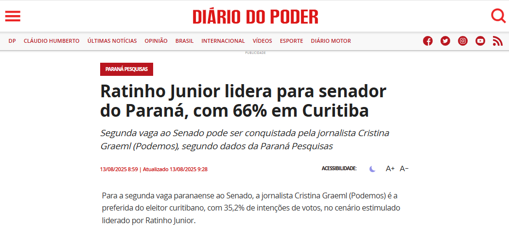 Diário do Poder cita pesquisa realizada pela Paraná Pesquisas no Município de Curitiba. 2 Diário do Poder cita pesquisa realizada pela Paraná Pesquisas no Município de Curitiba.
