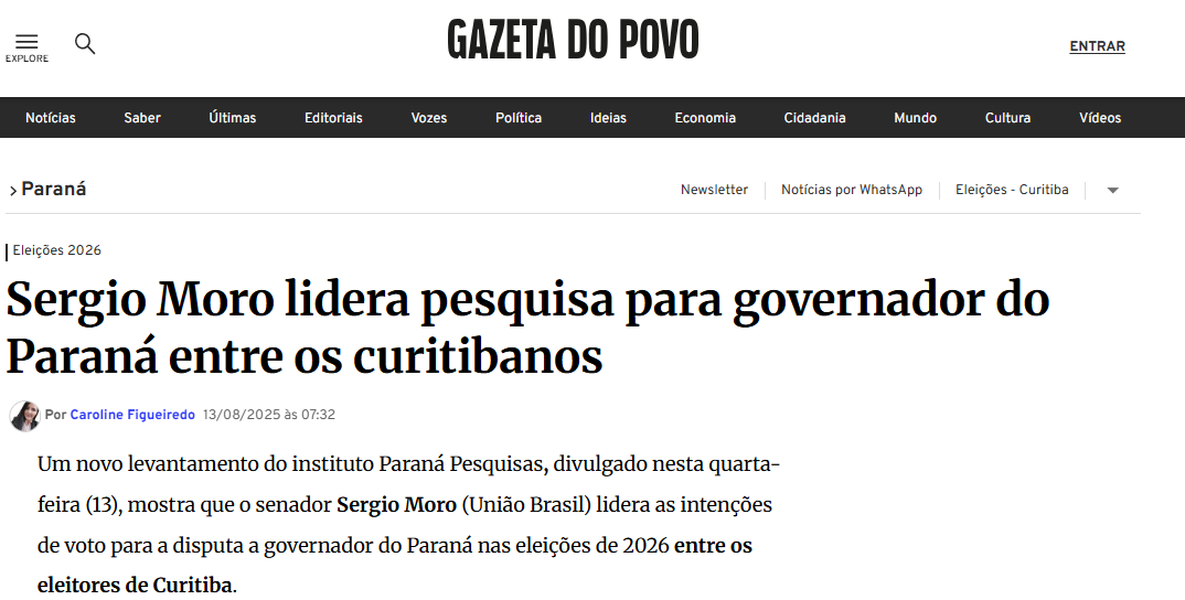 Gazeta do Povo cita pesquisa realizada pela Paraná Pesquisas no Município de Curitiba. 2 Gazeta do Povo cita pesquisa realizada pela Paraná Pesquisas no Município de Curitiba.