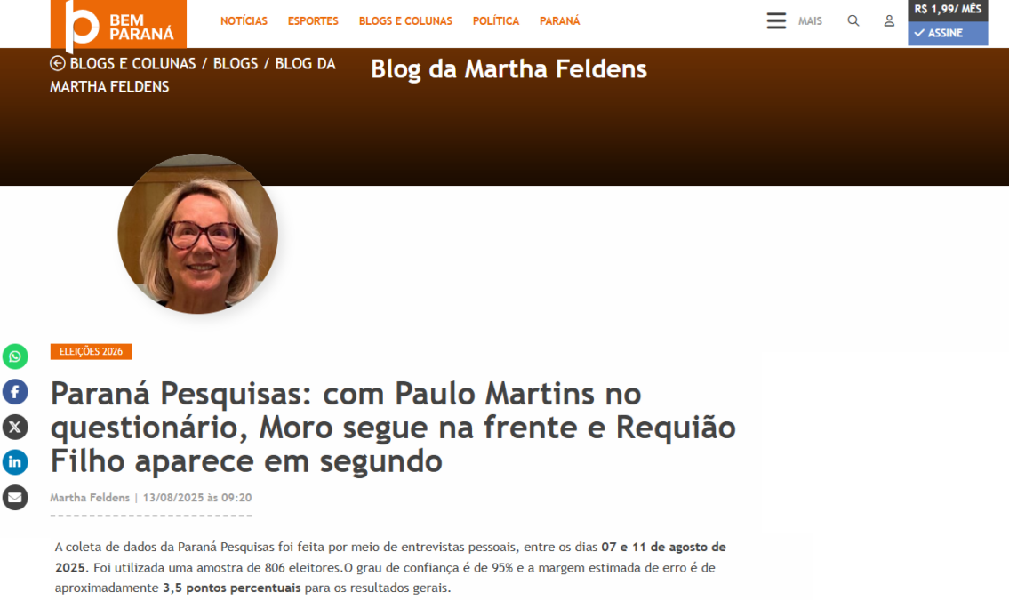 Bem Paraná cita pesquisa realizada pela Paraná Pesquisas no Município de Curitiba.