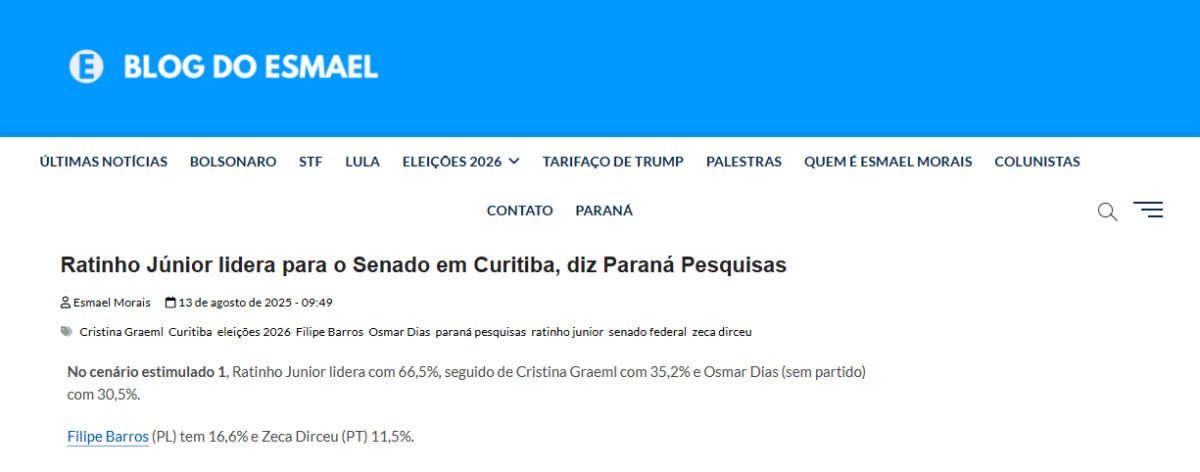 Blog do Esmael cita pesquisa realizada pela Paraná Pesquisas no Município de Curitiba. 2 Blog do Esmael cita pesquisa realizada pela Paraná Pesquisas no Município de Curitiba.