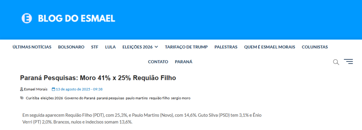 Blog do Esmael cita pesquisa realizada pela Paraná Pesquisas no Município de Curitiba. 2 Blog do Esmael cita pesquisa realizada pela Paraná Pesquisas no Município de Curitiba.