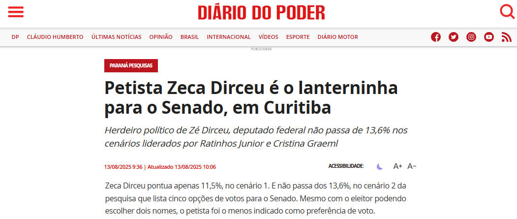 Diário do Poder cita pesquisa realizada pela Paraná Pesquisas no Município de Curitiba.