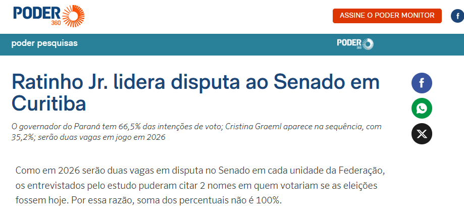 Poder 360 cita pesquisa realizada pela Paraná Pesquisas no Município de Curitiba. 2 Poder 360 cita pesquisa realizada pela Paraná Pesquisas no Município de Curitiba.