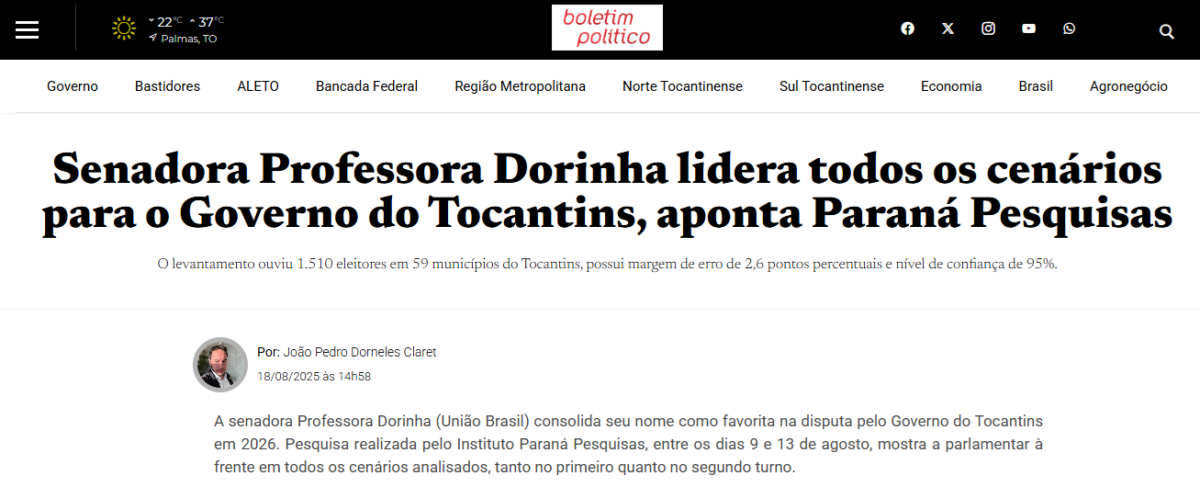 Boletim Político cita pesquisa realizada pela Paraná Pesquisas no Estado do Tocantins.