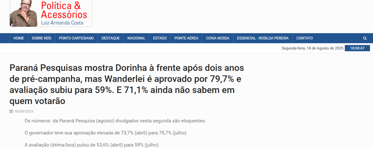 Blog Luiz Armando Costa cita pesquisa realizada pela Paraná Pesquisas no Estado do Tocantins.