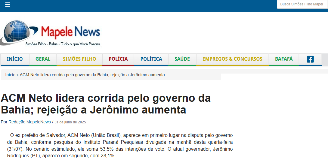 Mapele News cita pesquisa realizada pela Paraná Pesquisas no Estado da Bahia.