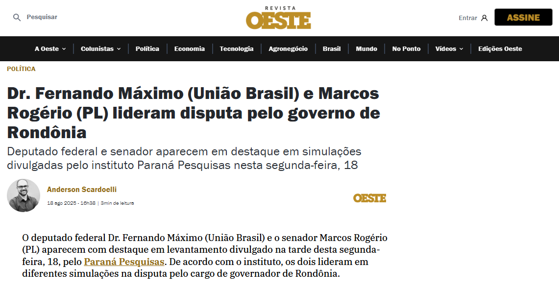 Revista Oeste cita pesquisa realizada pela Paraná Pesquisas no Estado de Rondônia. 2 Revista Oeste cita pesquisa realizada pela Paraná Pesquisas no Estado de Rondônia.