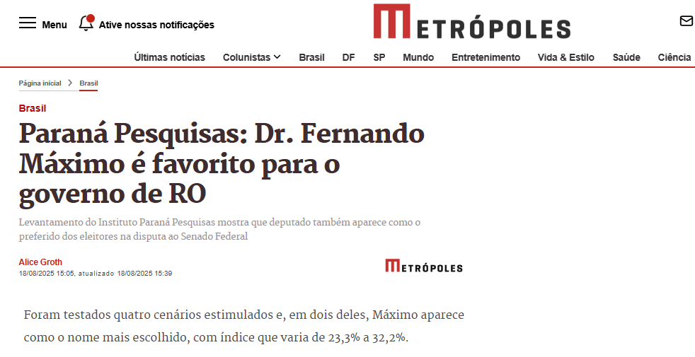 Metrópoles cita pesquisa realizada pela Paraná Pesquisas no Estado de Rondônia.