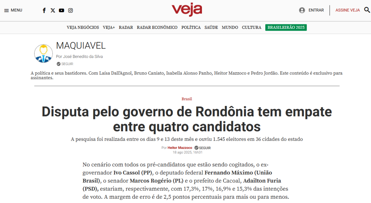 Veja cita pesquisa realizada pela Paraná Pesquisas no Estado de Rondônia.