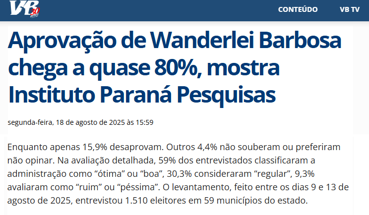 Voz do Bico cita pesquisa realizada pela Paraná Pesquisas no Estado do Tocantins.