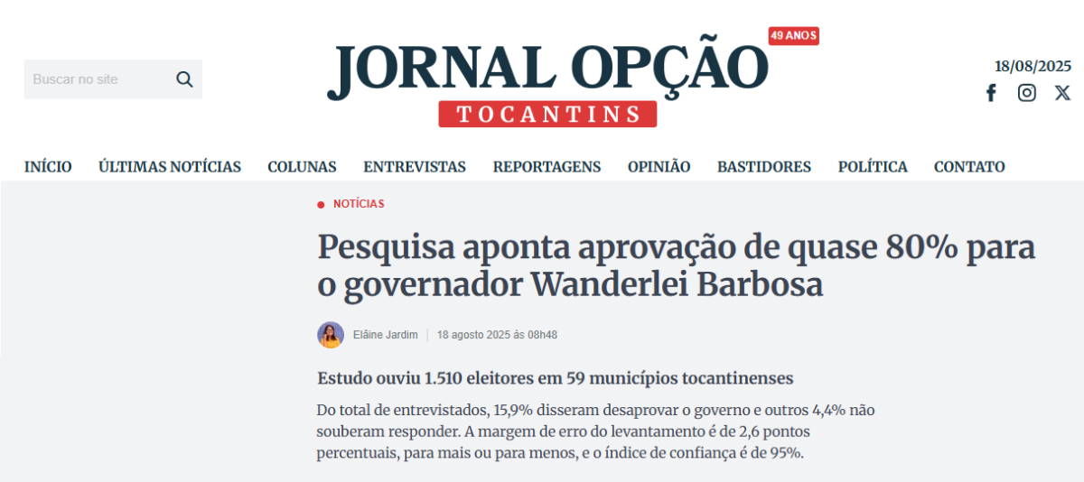 Jornal Opção cita pesquisa realizada pela Paraná Pesquisas no Estado do Tocantins. 2 Jornal Opção cita pesquisa realizada pela Paraná Pesquisas no Estado do Tocantins.