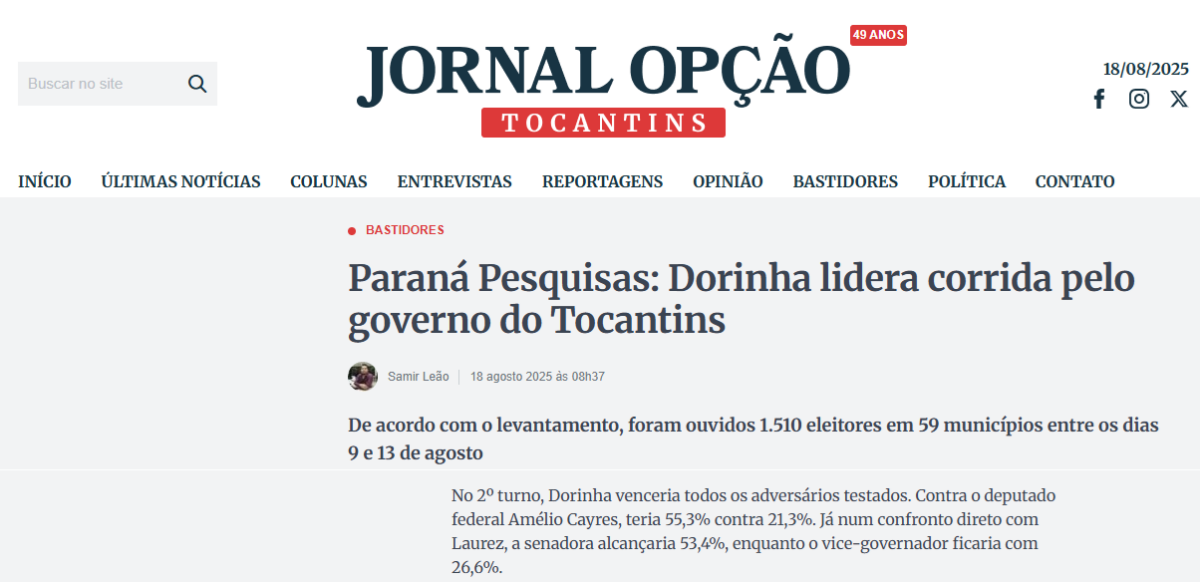 Jornal Opção cita pesquisa realizada pela Paraná Pesquisas no Estado do Tocantins. 2 Jornal Opção cita pesquisa realizada pela Paraná Pesquisas no Estado do Tocantins.