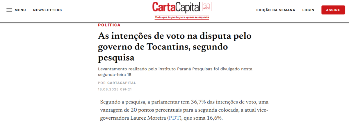 Carta Capital cita pesquisa realizada pela Paraná Pesquisas no Estado do Tocantins.
