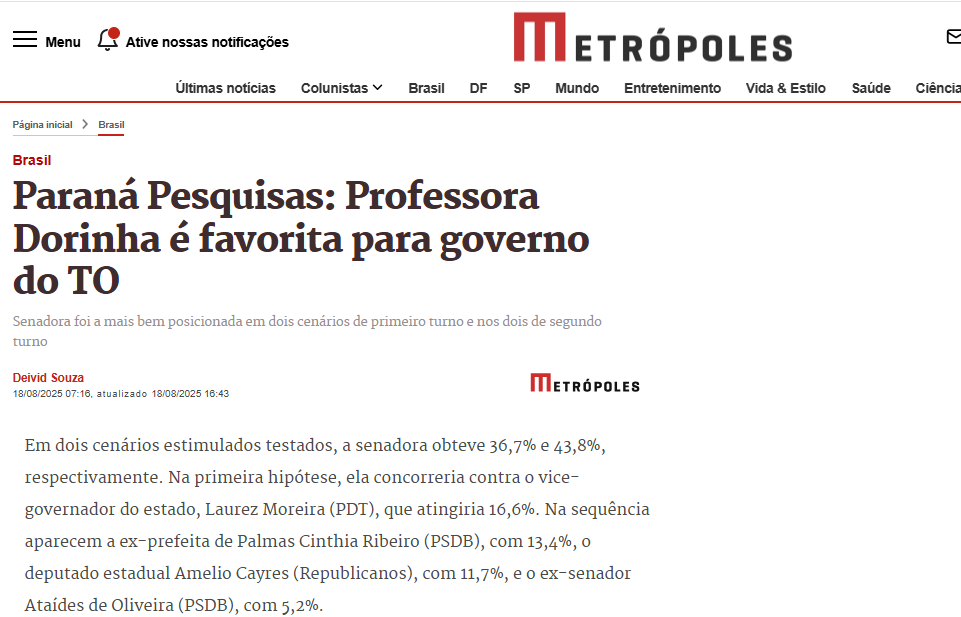 Metrópoles cita pesquisa realizada pela Paraná Pesquisas no Estado do Tocantins. 2 Metrópoles cita pesquisa realizada pela Paraná Pesquisas no Estado do Tocantins.