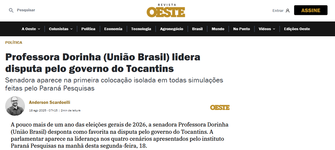 Revista Oeste cita pesquisa realizada pela Paraná Pesquisas no Estado do Tocantins. 2 Revista Oeste cita pesquisa realizada pela Paraná Pesquisas no Estado do Tocantins.