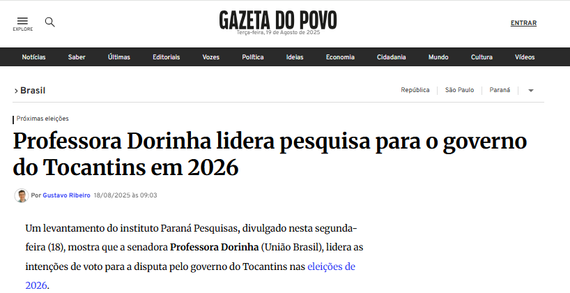 Gazeta do Povo cita pesquisa realizada pela Paraná Pesquisas no Estado do Tocantins.