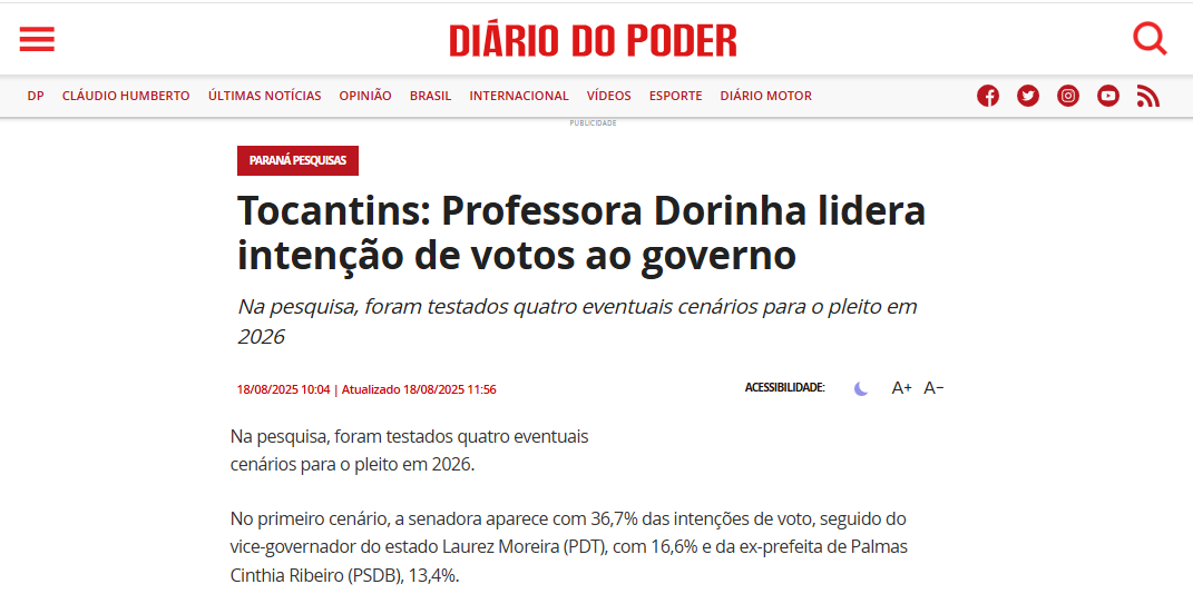 Diário do Poder cita pesquisa realizada pela Paraná Pesquisas no Estado do Tocantins. 2 Diário do Poder cita pesquisa realizada pela Paraná Pesquisas no Estado do Tocantins.