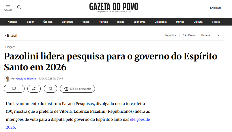 Gazeta do Povo cita pesquisa realizada pela Paraná Pesquisas no Estado do Espírito Santo. 2 Gazeta do Povo cita pesquisa realizada pela Paraná Pesquisas no Estado do Espírito Santo.