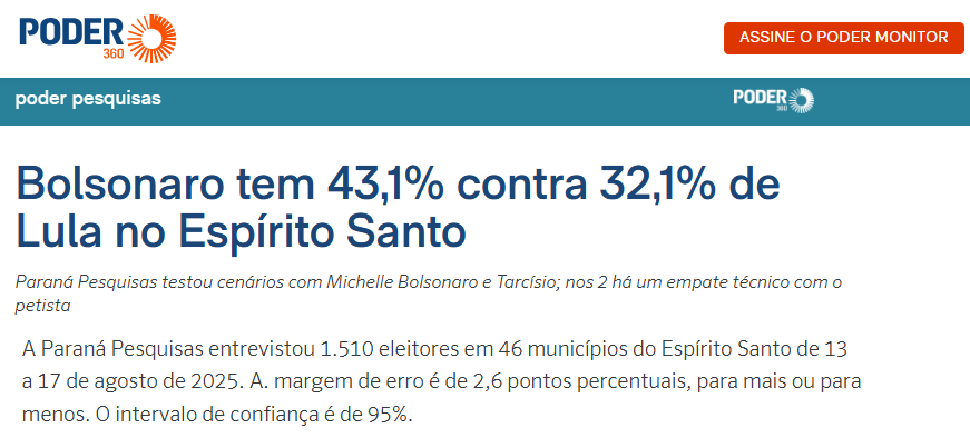 Poder 360 cita pesquisa realizada pela Paraná Pesquisas no Estado do Espírito Santo. 2 Poder 360 cita pesquisa realizada pela Paraná Pesquisas no Estado do Espírito Santo.