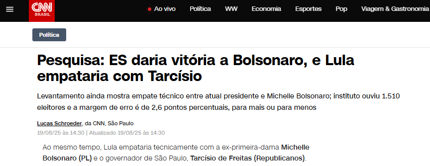 CNN Brasil cita pesquisa realizada pela Paraná Pesquisas no Estado do Espírito Santo.