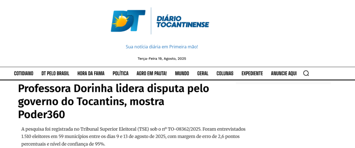 Diário Tocantinense cita pesquisa realizada pela Paraná Pesquisas no Estado do Tocantins. 2 Diário Tocantinense cita pesquisa realizada pela Paraná Pesquisas no Estado do Tocantins.
