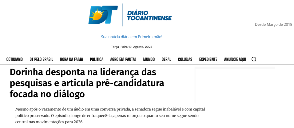 Diário Tocantinense cita pesquisa realizada pela Paraná Pesquisas no Estado do Tocantins.