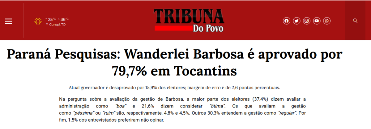 Tribuna do Povo TO cita pesquisa realizada pela Paraná Pesquisas no Estado do Tocantins.