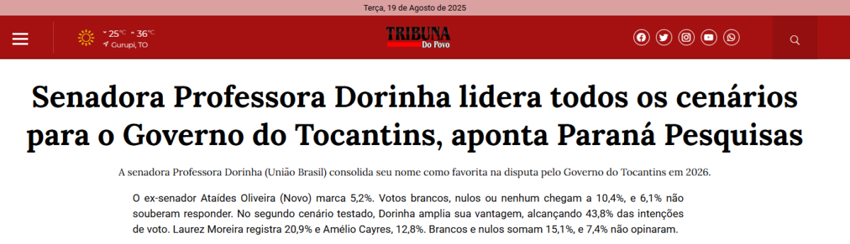 Tribuna do Povo TO cita pesquisa realizada pela Paraná Pesquisas no Estado do Tocantins.