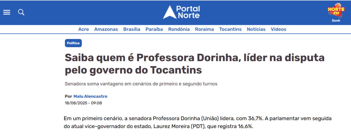Portal Norte cita pesquisa realizada pela Paraná Pesquisas no Estado do Tocantins.
