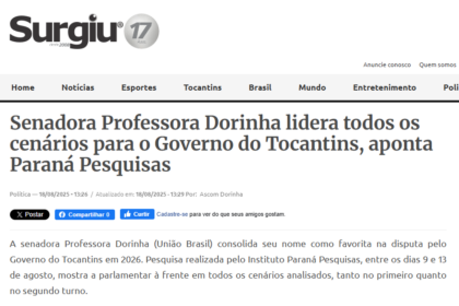 Portal Surgiu cita pesquisa realizada pela Paraná Pesquisas no Estado do Tocantins.