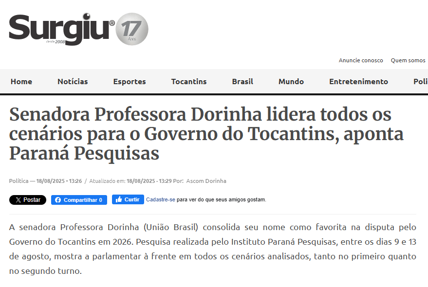 Portal Surgiu cita pesquisa realizada pela Paraná Pesquisas no Estado do Tocantins.