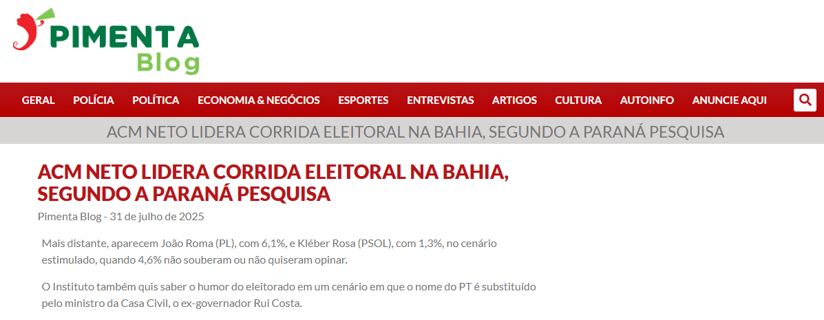 Pimenta Blog cita pesquisa realizada pela Paraná Pesquisas no Estado da Bahia. 2 Pimenta Blog cita pesquisa realizada pela Paraná Pesquisas no Estado da Bahia.