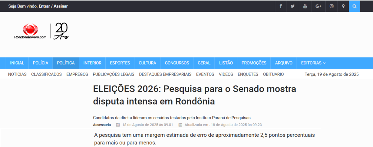 Rondônia ao Vivo cita pesquisa realizada pela Paraná Pesquisas no Estado de Rondônia. 2 Rondônia ao Vivo cita pesquisa realizada pela Paraná Pesquisas no Estado de Rondônia.