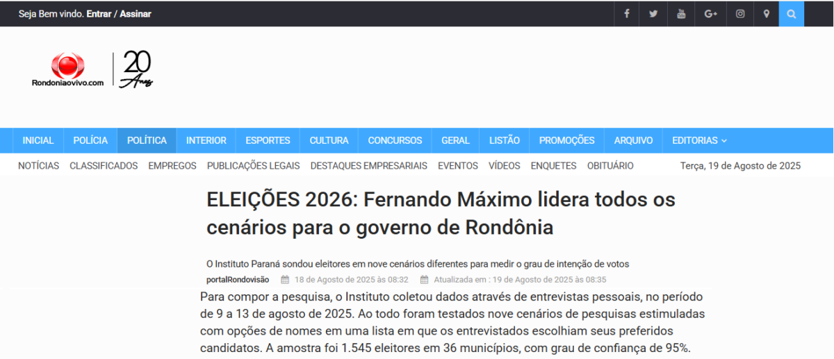 Rondônia ao Vivo cita pesquisa realizada pela Paraná Pesquisas no Estado de Rondônia. 2 Rondônia ao Vivo cita pesquisa realizada pela Paraná Pesquisas no Estado de Rondônia.