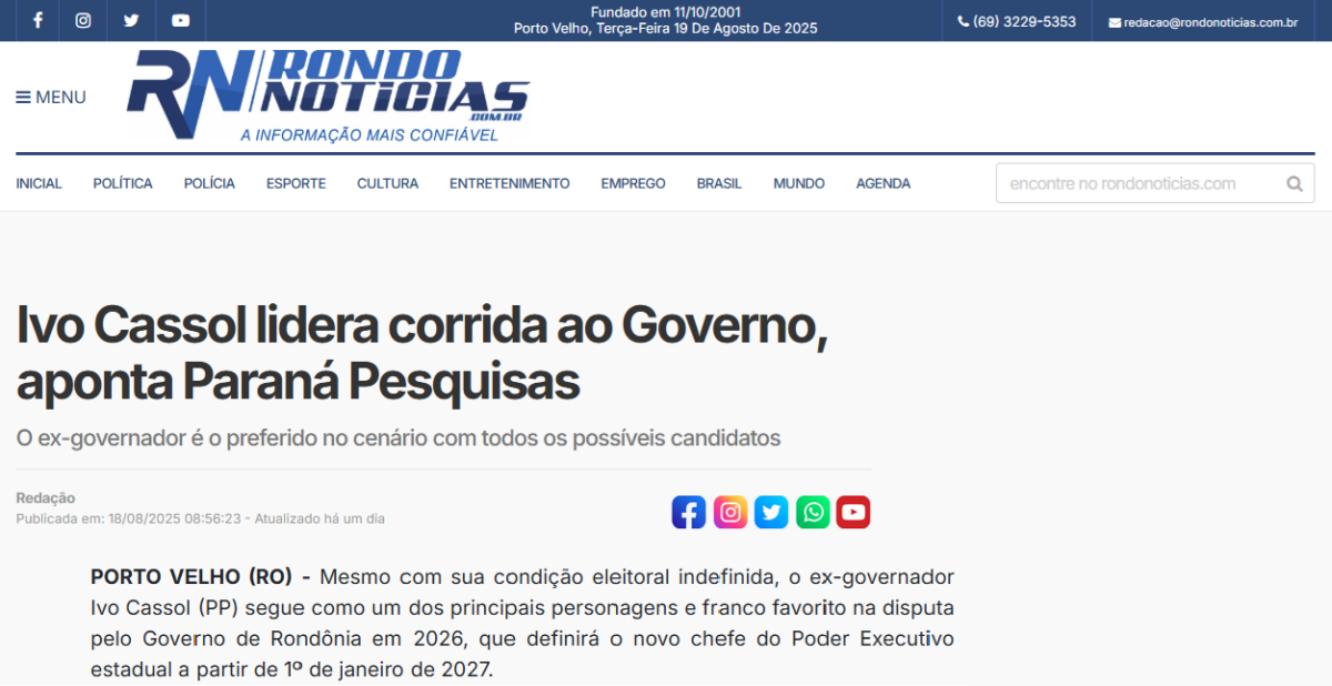 Rondo Notícias cita pesquisa realizada pela Paraná Pesquisas no Estado de Rondônia. 2 Rondo Notícias cita pesquisa realizada pela Paraná Pesquisas no Estado de Rondônia.