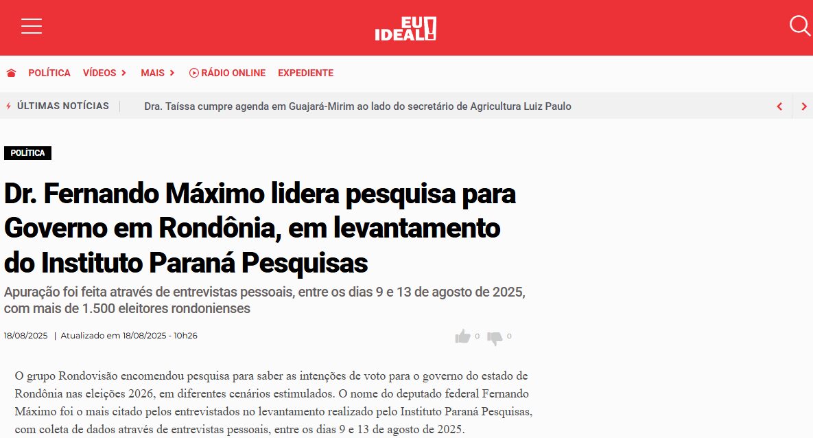 Eu Ideal cita pesquisa realizada pela Paraná Pesquisas no Estado de Rondônia.