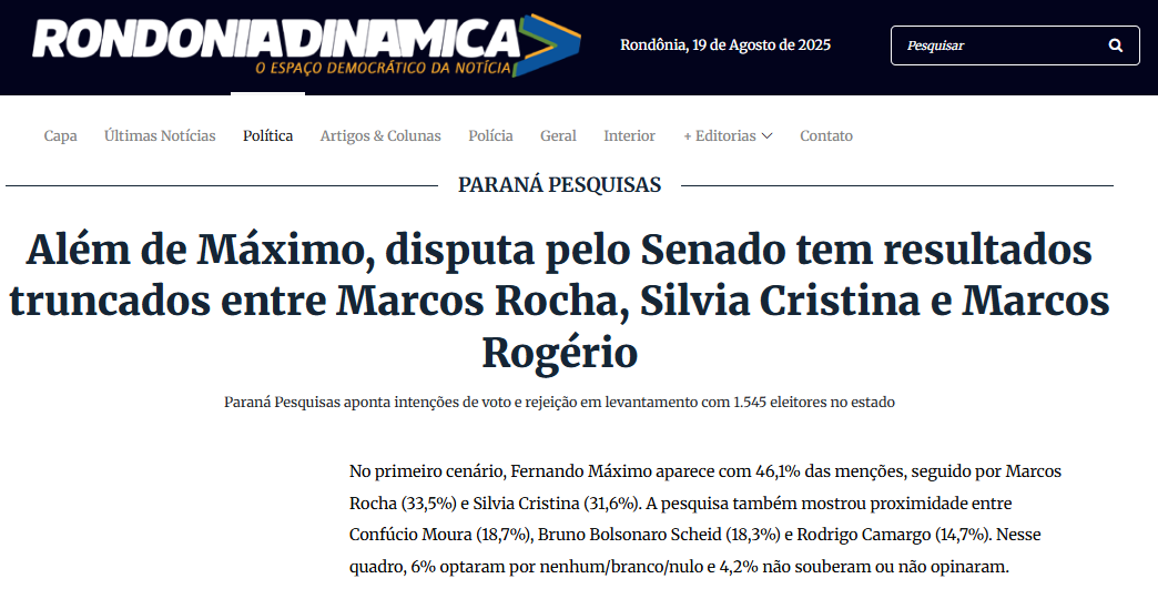 Rondônia Dinâmica cita pesquisa realizada pela Paraná Pesquisas no Estado de Rondônia. 2 Rondônia Dinâmica cita pesquisa realizada pela Paraná Pesquisas no Estado de Rondônia.