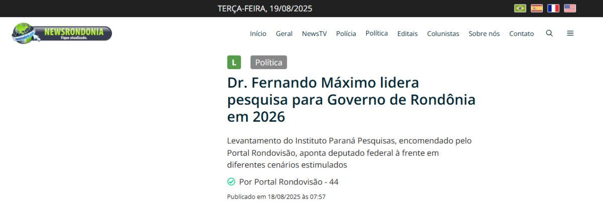 News Rondônia cita pesquisa realizada pela Paraná Pesquisas no Estado de Rondônia. 2 News Rondônia cita pesquisa realizada pela Paraná Pesquisas no Estado de Rondônia.