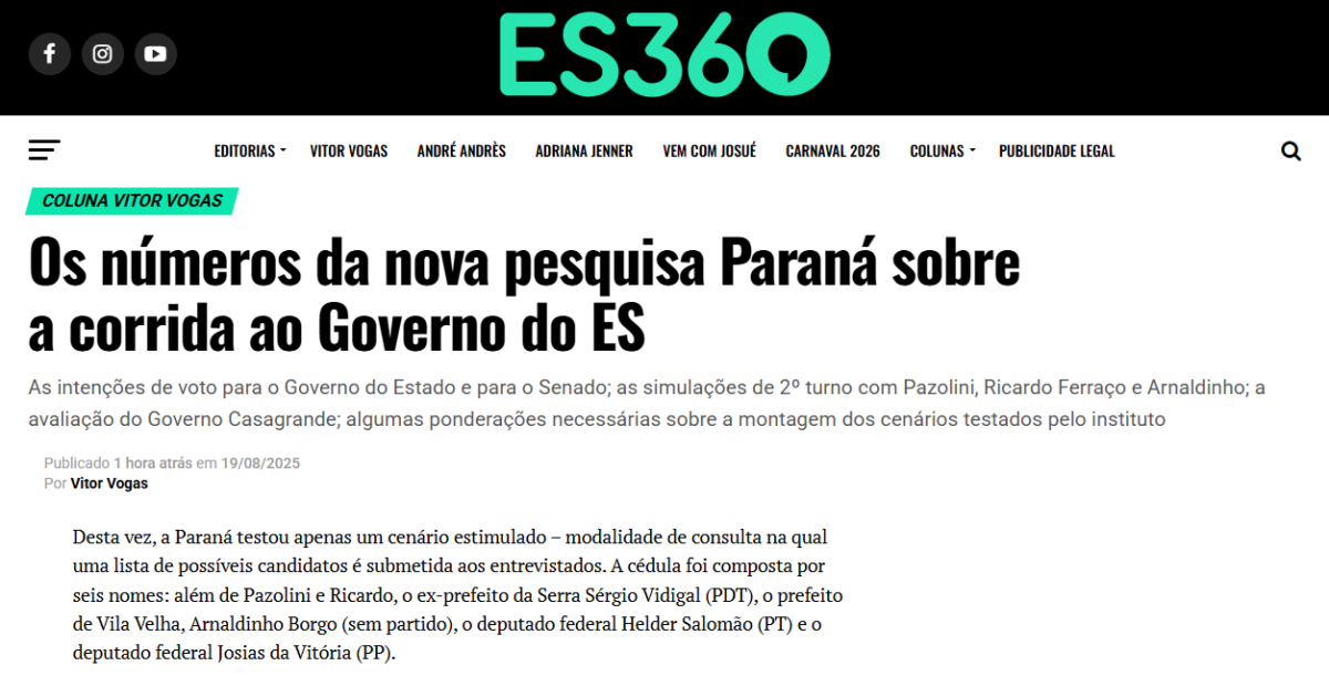 ES360 cita pesquisa realizada pela Paraná Pesquisas no Estado do Espírito Santo.
