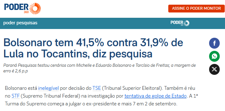 Poder 360 cita pesquisa realizada pela Paraná Pesquisas no Estado do Tocantins.