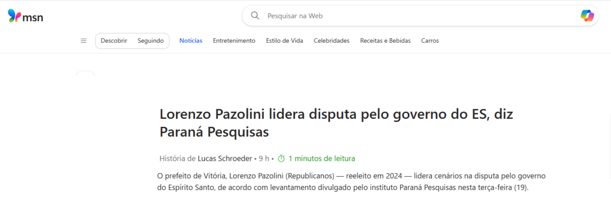 MSN cita pesquisa realizada pela Paraná Pesquisas no Estado do Espírito Santo. 2 MSN cita pesquisa realizada pela Paraná Pesquisas no Estado do Espírito Santo.